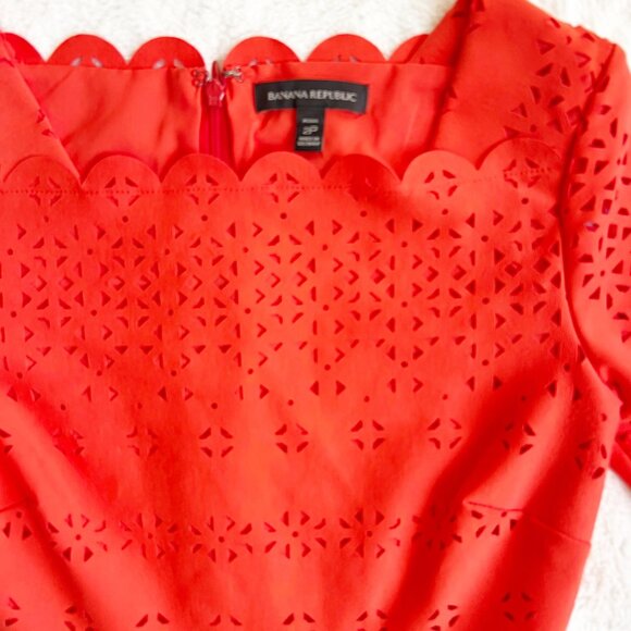 Banana Republic Laser Cut Fit and Flare Dress, Orange, Short Sleeve, Size 2P - Picture 8 of 12